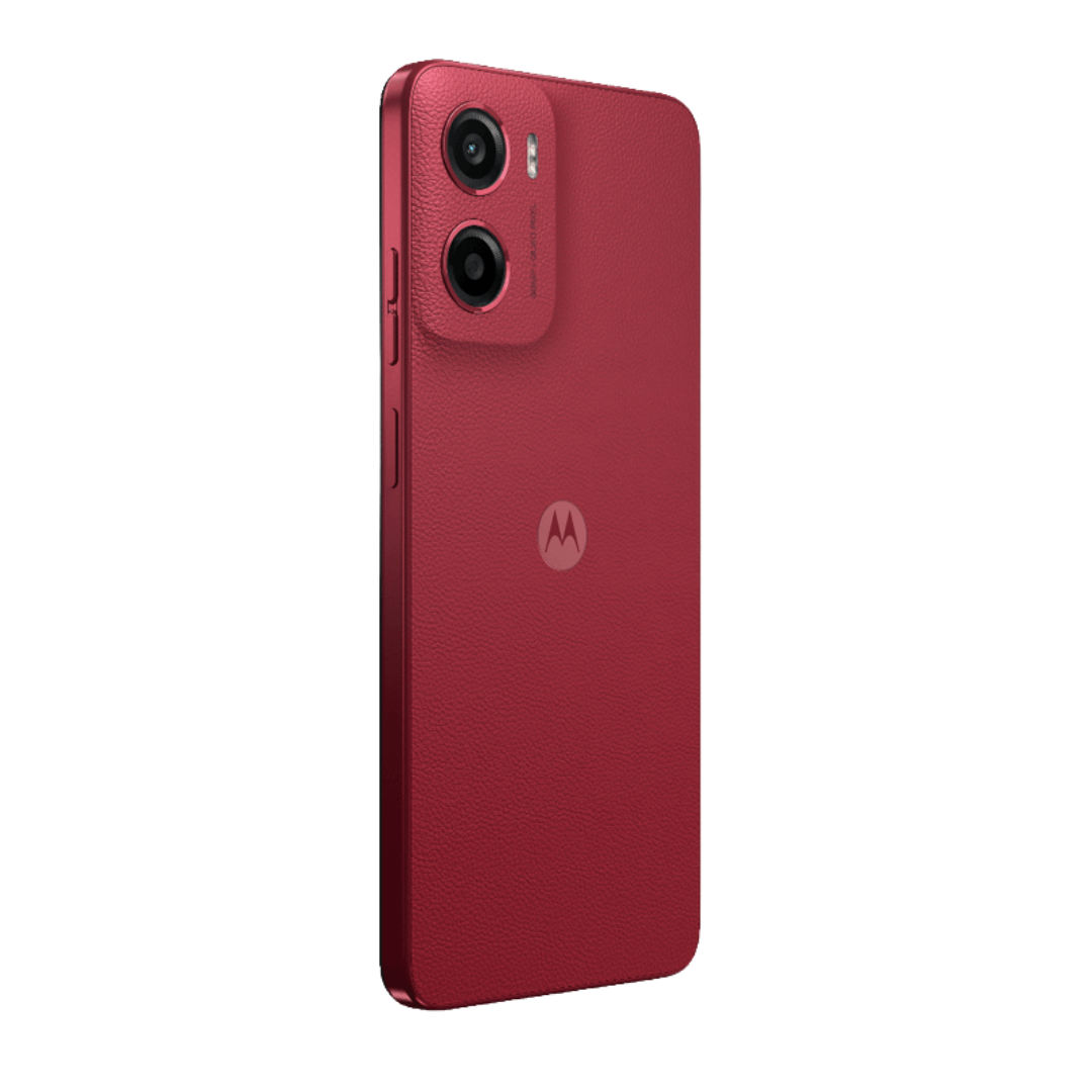 Side view of Motorola G05 in Plum Red with textured finish.