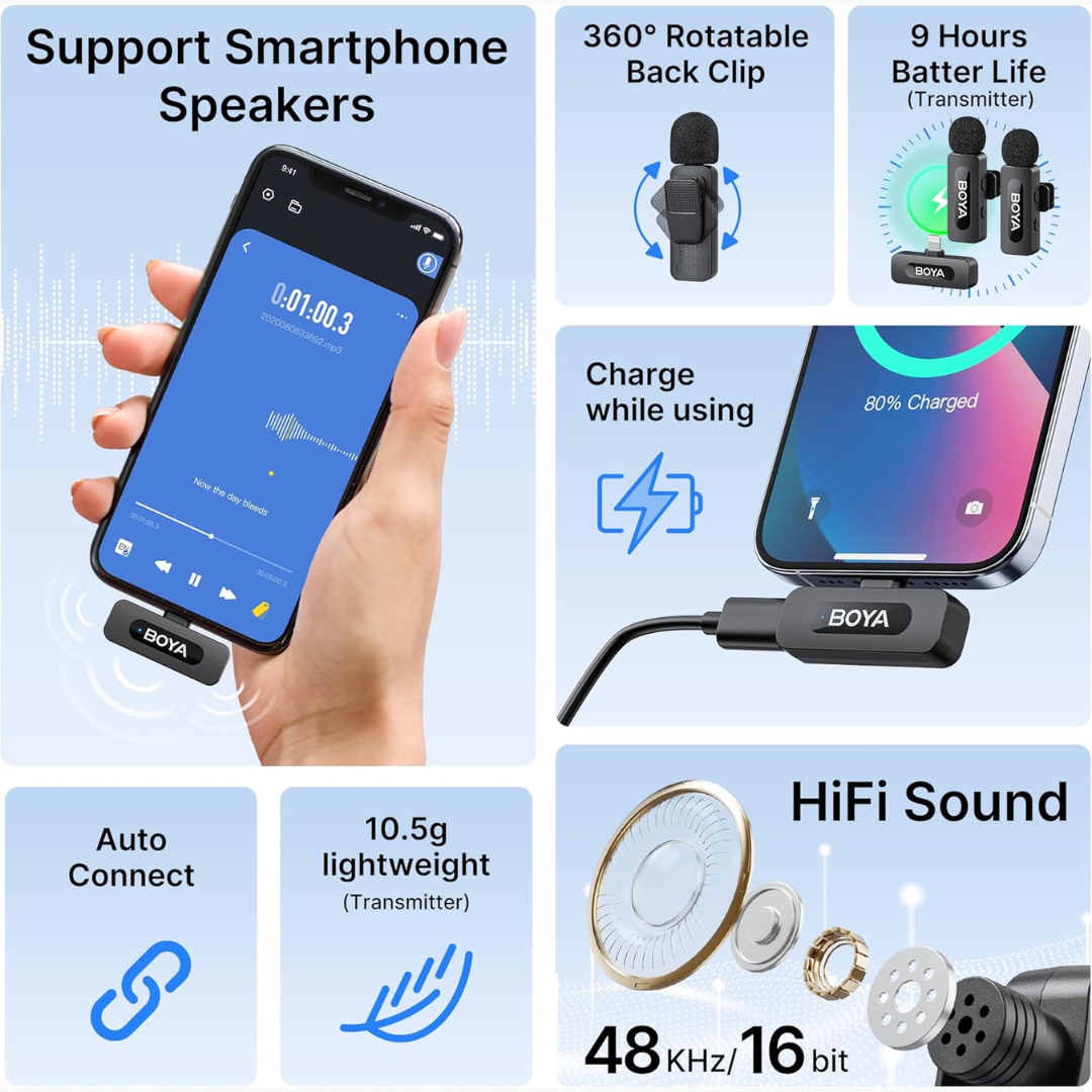 Shop now BOYA BY-V2 wireless iPhone microphone perfect for influencers, vloggers and video creators