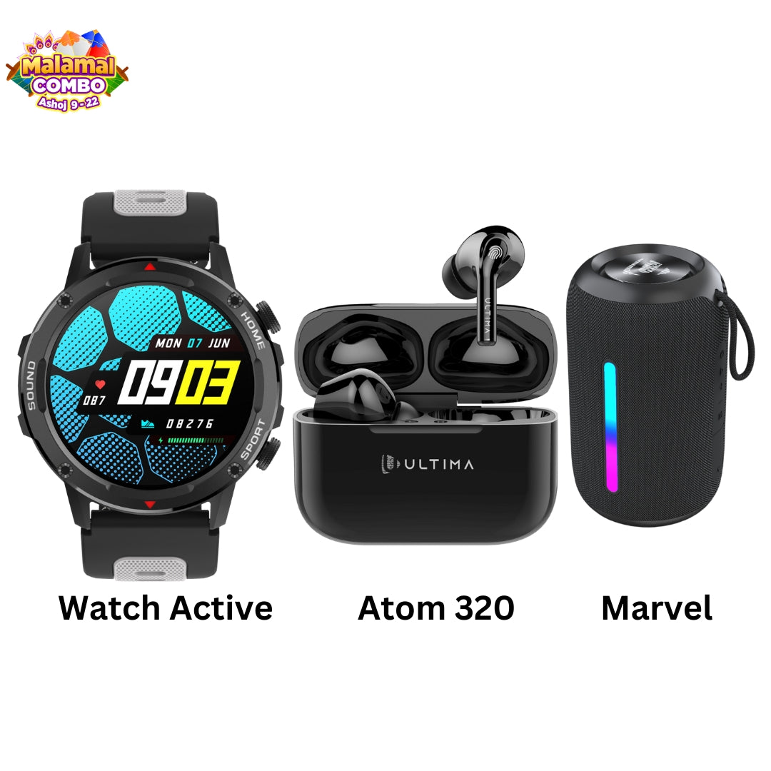 Ultima Active Smartwatch, Atom 320 earbud and Marvel Speaker Huge Combo