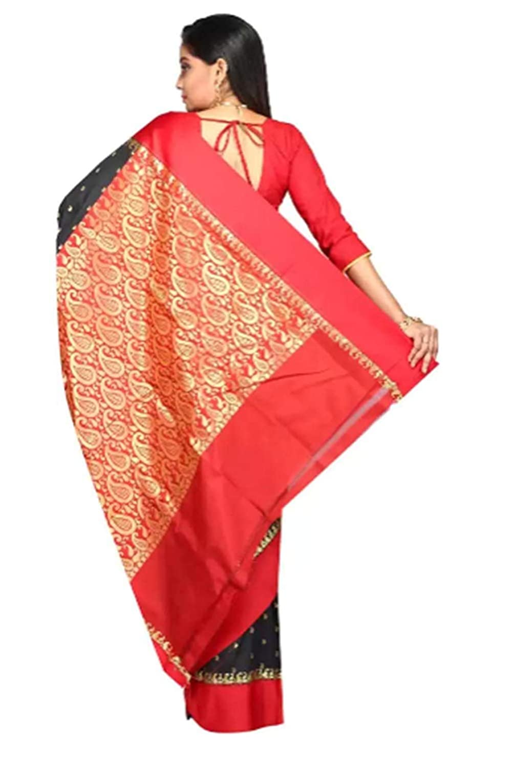 Women's Bengal Premium Garad Silk Saree with Blouse Piece (Black and Red)) - Brother-mart
