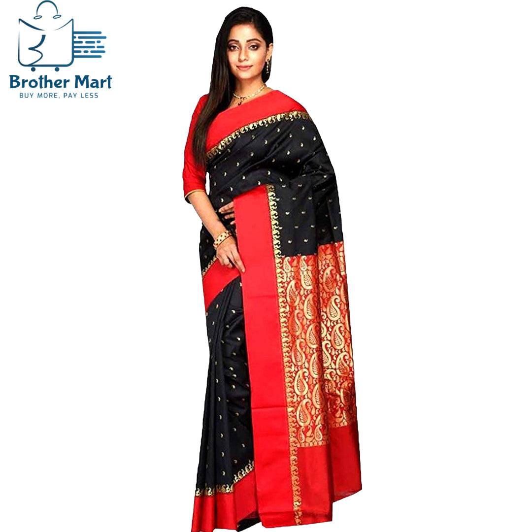 Women's Bengal Premium Garad Silk Saree with Blouse Piece (Black and Red)) - Brother-mart
