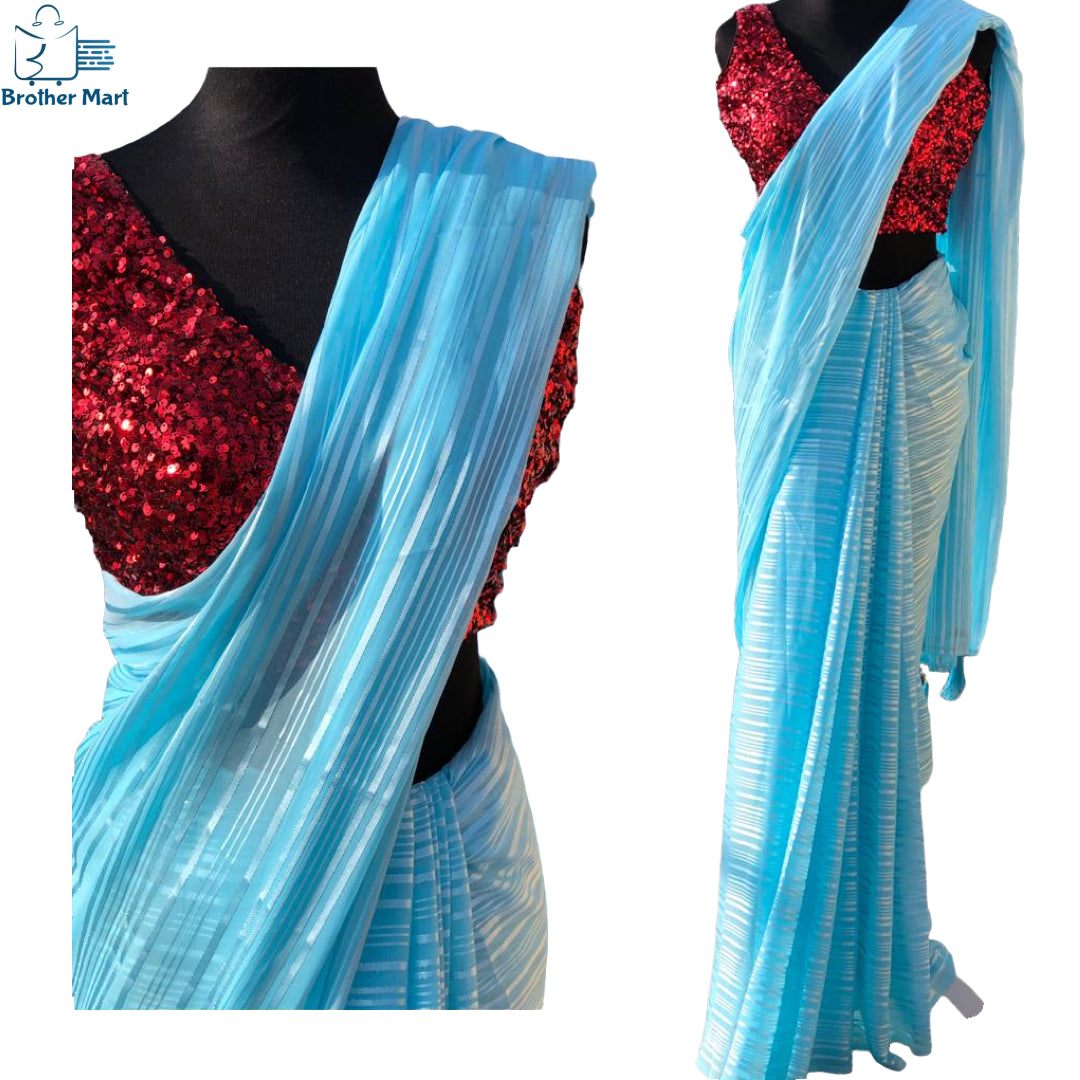 Silk Saree Trending Sequence With Matching Blouse Yellow Blue Green and Purple - Brother-mart