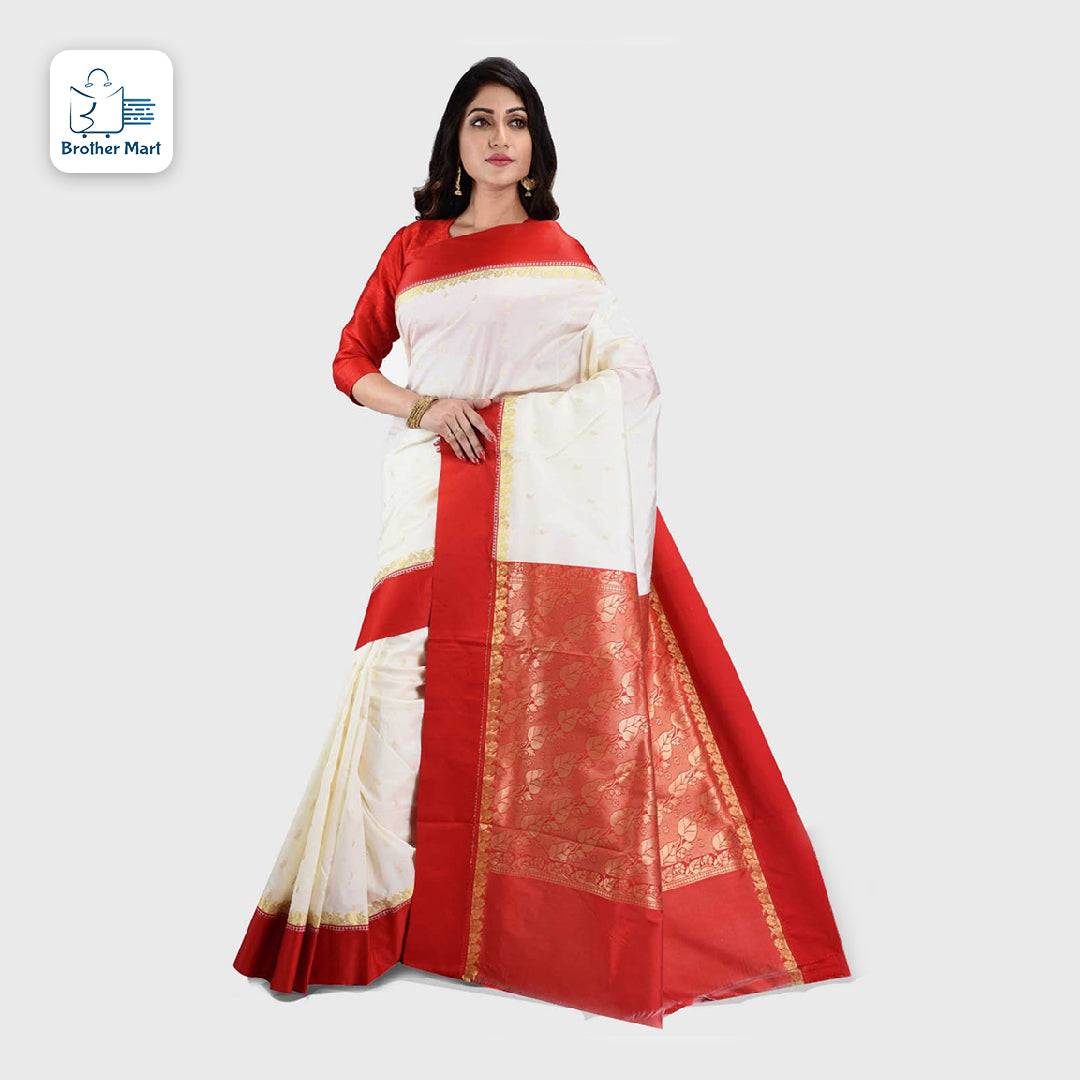 Women's Bengal Premium Garad Silk Saree with Blouse Piece (White and Red) - Brother-mart