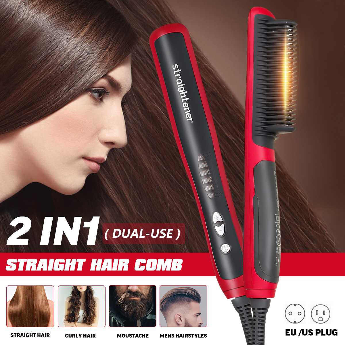 Hair straightener heating comb Multifunctional beard hair styler hot electric straightening quick brush - Brother-mart