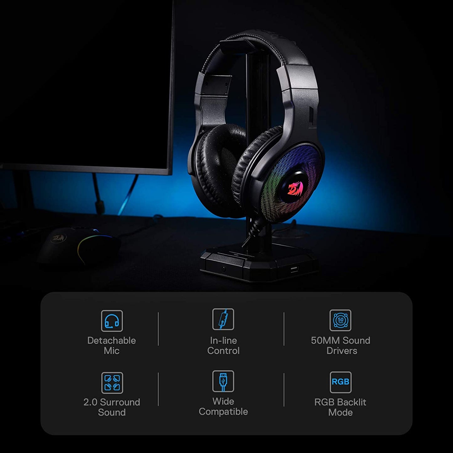 Redragon H350 RGB Gaming Headset Stereo Sound Detachable Microphone - Brother-mart