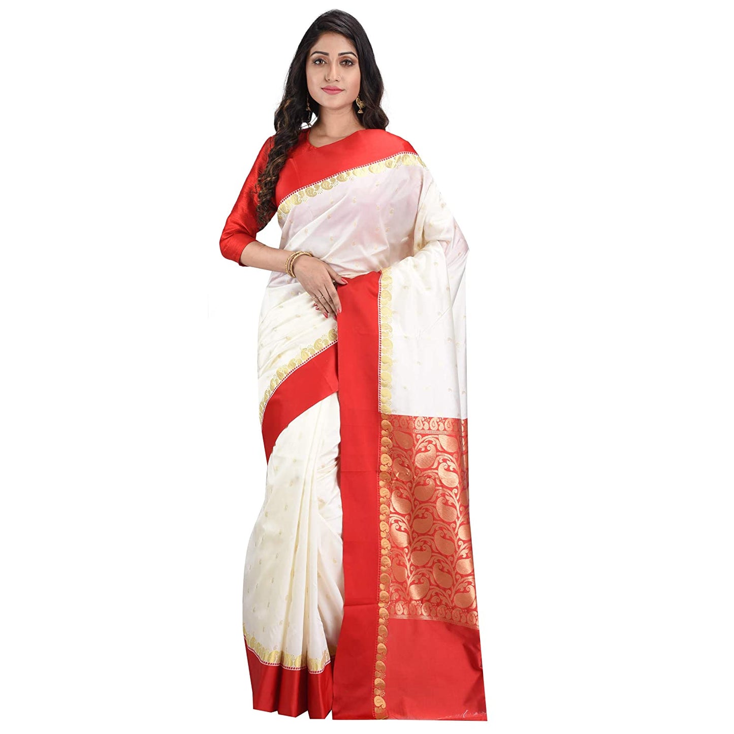 Women's Bengal Premium Garad Silk Saree with Blouse Piece (White and Red) - Brother-mart