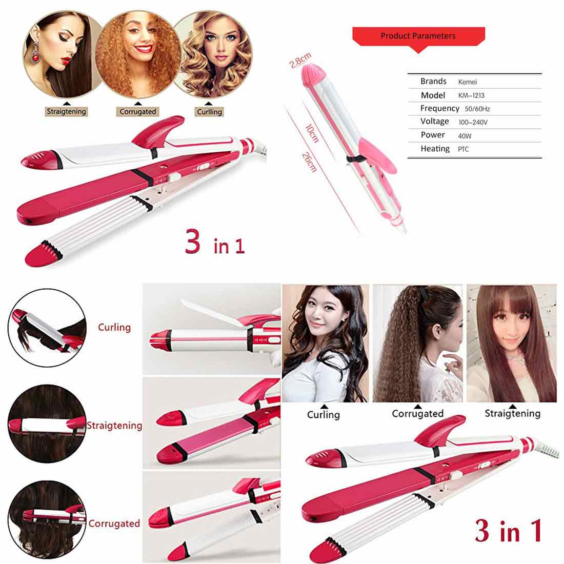 Kemei 3 In 1 Professional Cum Curler And Crimper Hair Straightener - KM-1291 most trending product and loved by women - Brother-mart
