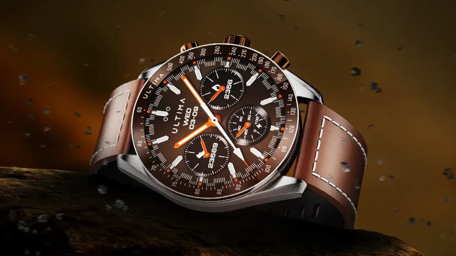 Stylish Ultima Smartwatch with brown leather strap and chronograph display