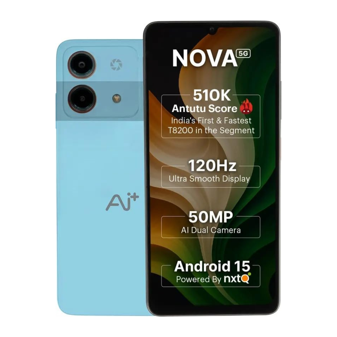 Shop now AI+ Nova 5G smartphone featuring 6.7 inch FHD plus 120Hz display for smooth scrolling and gaming