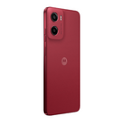 Side view of Motorola G05 in Plum Red with textured finish.