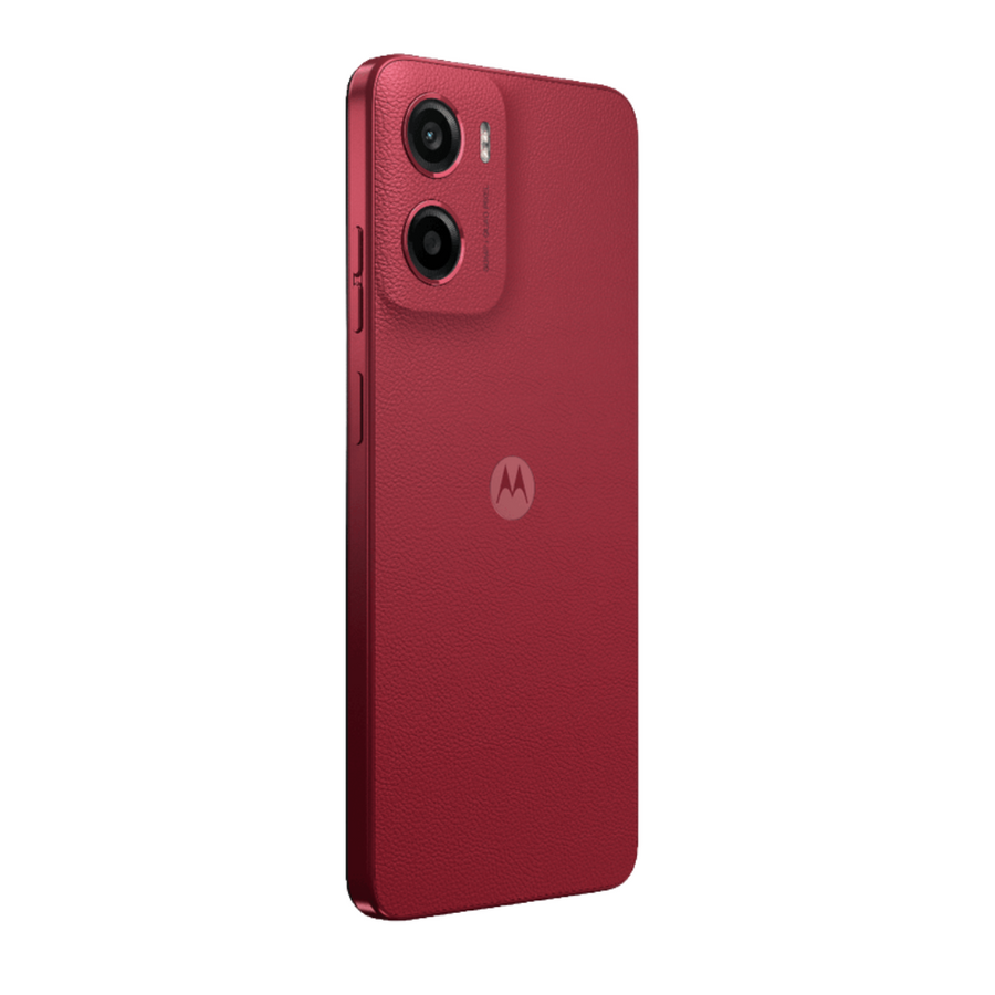 Side view of Motorola G05 in Plum Red with textured finish.