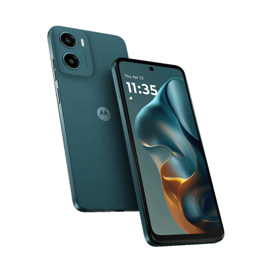 Motorola G05 4G smartphone in Forest Green front and back view

