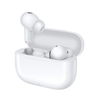White true wireless earbuds in an open charging case on a clean white background.