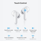 White wireless earbuds with touch control buttons, shown with a 'Touch Control' legend detailing touch tap patterns for play, pause, answer/call, previous track, and noise cancellation on a light gray background.