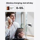 Promotional graphic for a wireless charging cable. The top text reads '30mins charging, last all day' with icons indicating compatibility with iPhone 17 Series and charging up to 0-55% battery.
