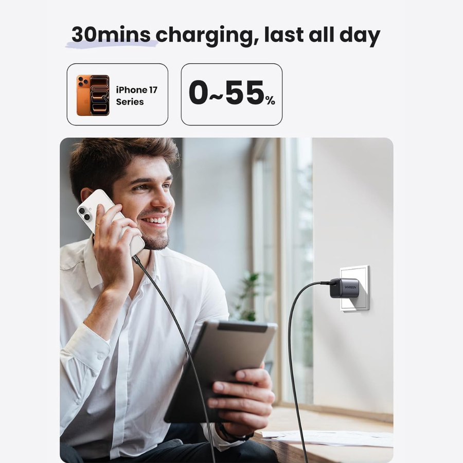 Promotional graphic for a wireless charging cable. The top text reads '30mins charging, last all day' with icons indicating compatibility with iPhone 17 Series and charging up to 0-55% battery.