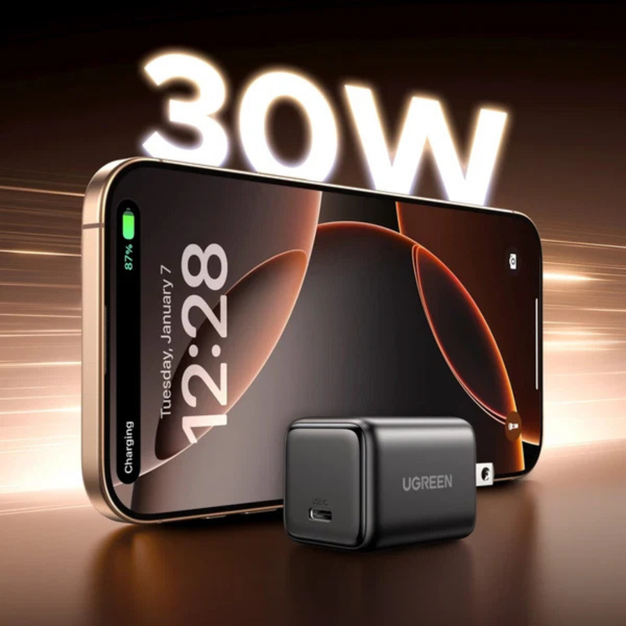 UGREEN 30W wireless charger shown with a smartphone displaying 87% battery charging, on a dark brown gradient background with glowing '30W' text.