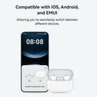 Huawei FreeBuds SE 4 ANC wireless earbuds shown in white with their charging case open, alongside a smartphone displaying compatibility text for iOS, Android, and EMUI on a light gray background.