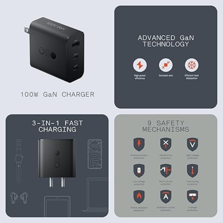 Get  CMF 100W GaN charger black color compact design for office home and travel use