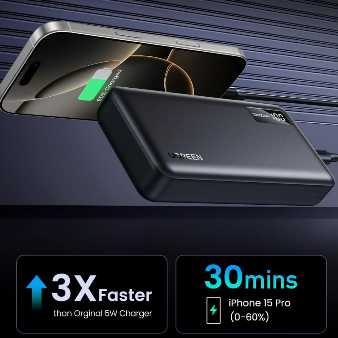 Shop now UGREEN 20000mAh portable charger with USB C fast input output PD technology digital display compact slim design easy to carry in bag or pocket