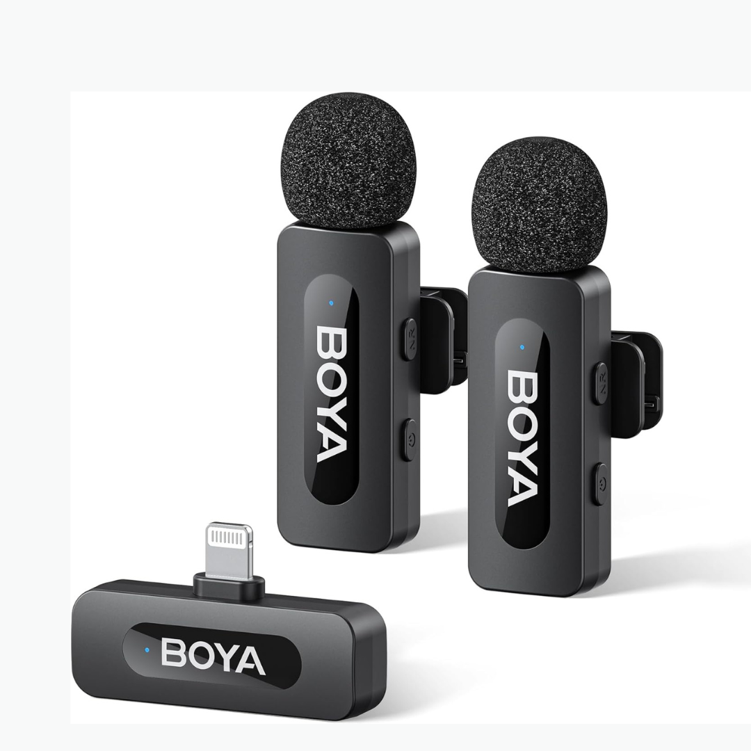 Get BOYA BY-V2 wireless mic for iPhone with dual transmitters perfect for two-person interviews and podcasts