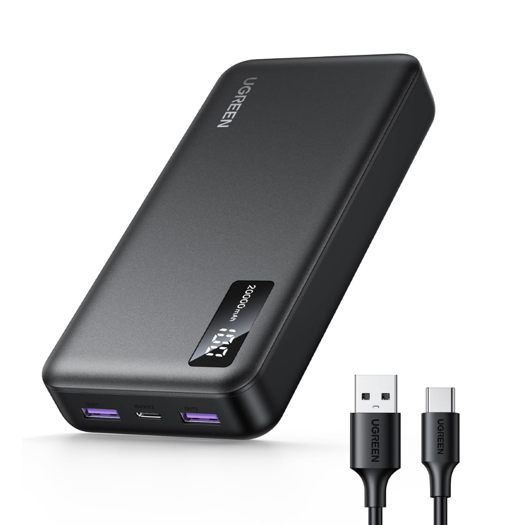 Shop now UGREEN 20000mAh fast charging power bank 22.5W PD 3.0 USB C and dual USB A outputs charge three devices simultaneously with smart digital battery display
