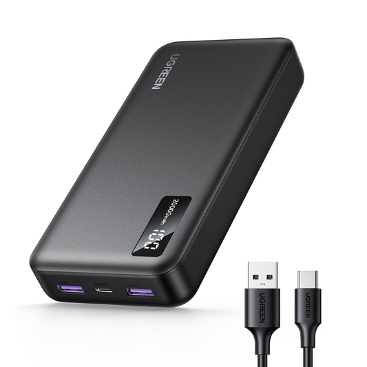 Shop now UGREEN 20000mAh fast charging power bank 22.5W PD 3.0 USB C and dual USB A outputs charge three devices simultaneously with smart digital battery display