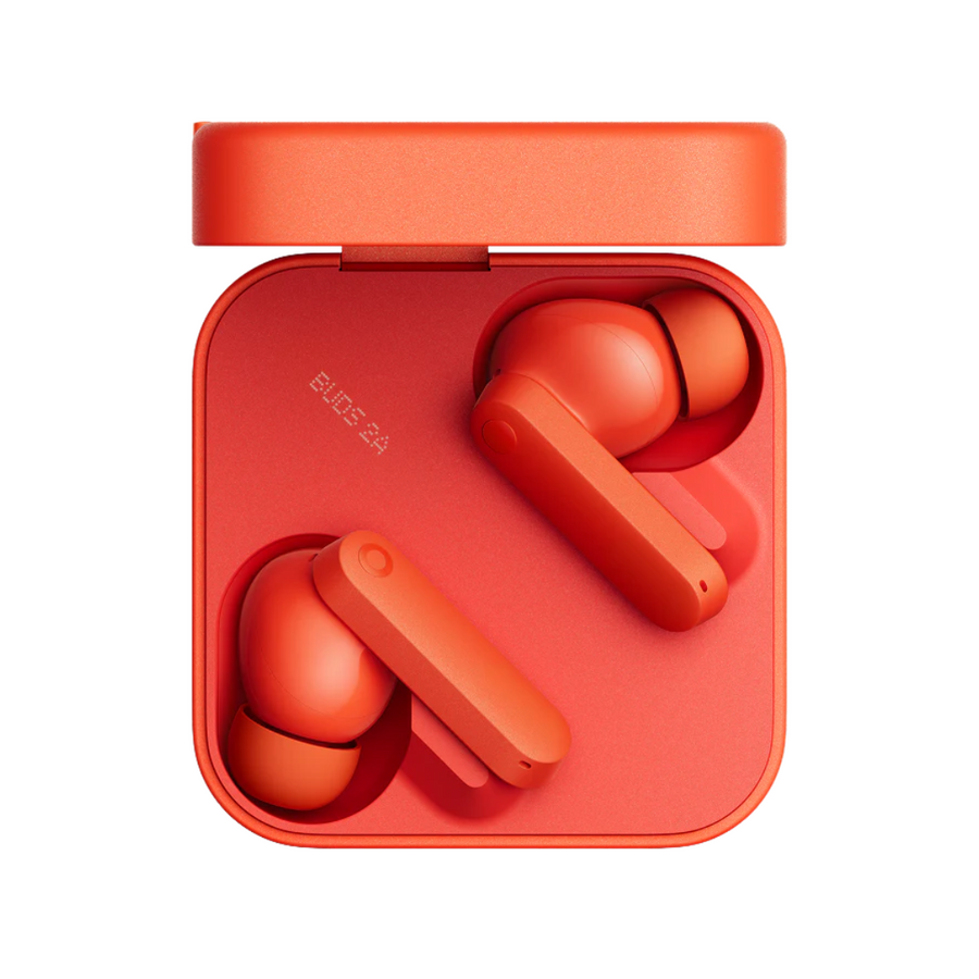 CMF Buds 2a earbuds close-up with matte finish Orange