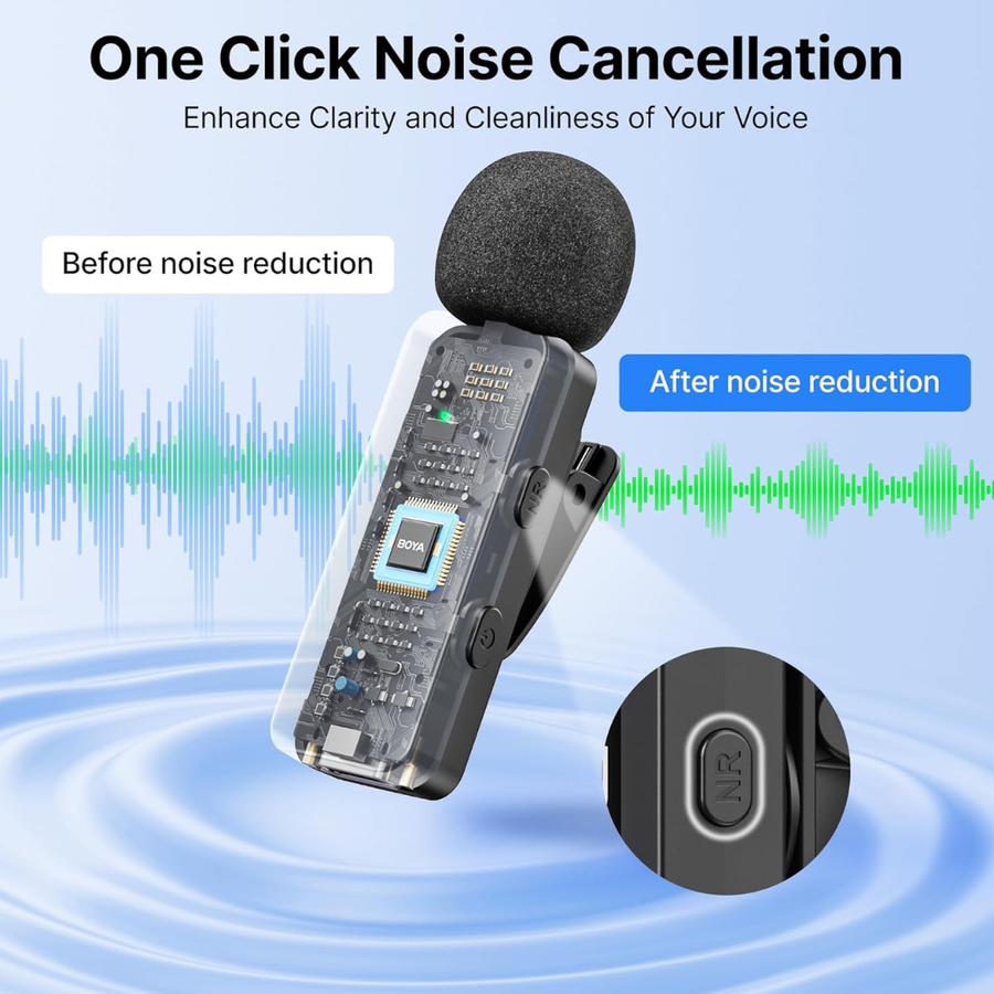 Shop now BOYA BY-V2 wireless content creator mic for iPhone with long battery life and advanced noise filtering