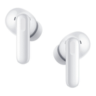 A pair of white wireless earbuds shown on a clean white background.