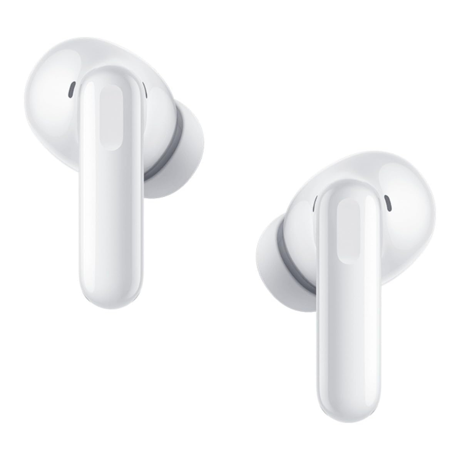 A pair of white wireless earbuds shown on a clean white background.