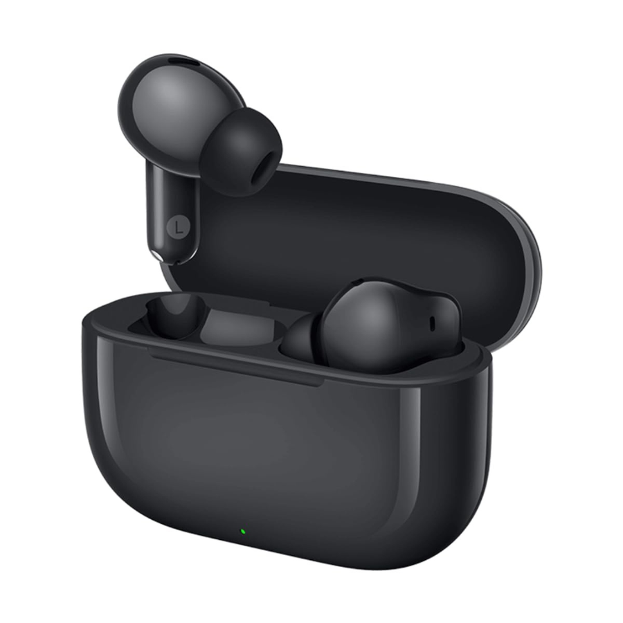 Black wireless earbuds in an open charging case on a plain white background.
