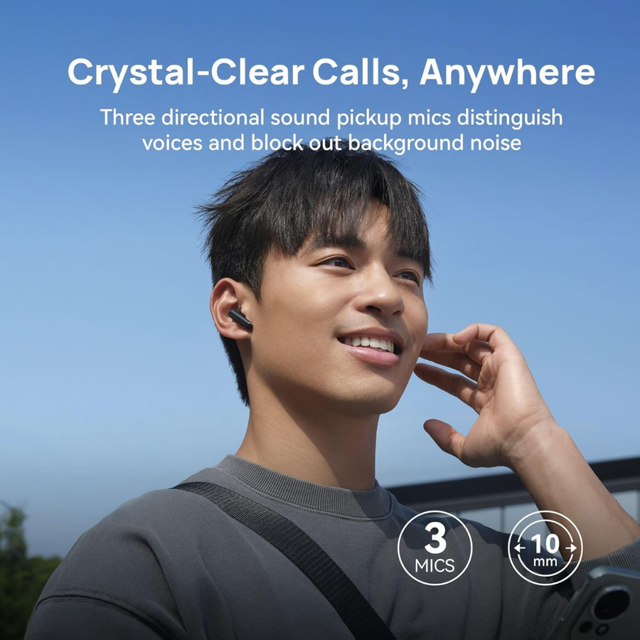 A man outdoors wearing a small wireless earbud, with marketing text at the top reading 'Crystal-Clear Calls, Anywhere' and feature callouts including 'Three directional sound pickup mics' and '3 MICS 10 mm'.