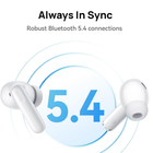 White wireless earbuds shown on a clean white background with marketing text reading 'Always In Sync' and 'Robust Bluetooth 5.4 connections,' plus large blue '5.