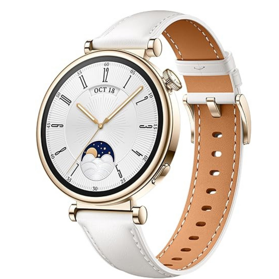 Lightweight Huawei GT 4 smartwatch with leather strap.

