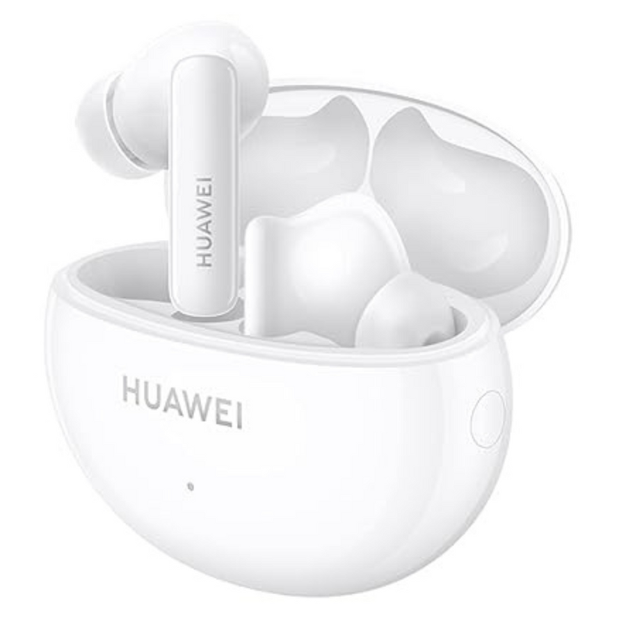 Close-up of Huawei FreeBuds 5i Ceramic White earbuds with glossy finish.

