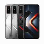 Three gaming smartphones shown from the back and front on a light gray background. The phones feature a futuristic angular design with a metallic silver back, a black carbon-fiber-texture back with red accents, and a black front display showing a dark blue and orange geometric wallpaper.