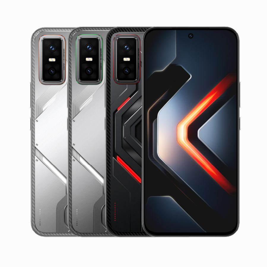 Three gaming smartphones shown from the back and front on a light gray background. The phones feature a futuristic angular design with a metallic silver back, a black carbon-fiber-texture back with red accents, and a black front display showing a dark blue and orange geometric wallpaper.