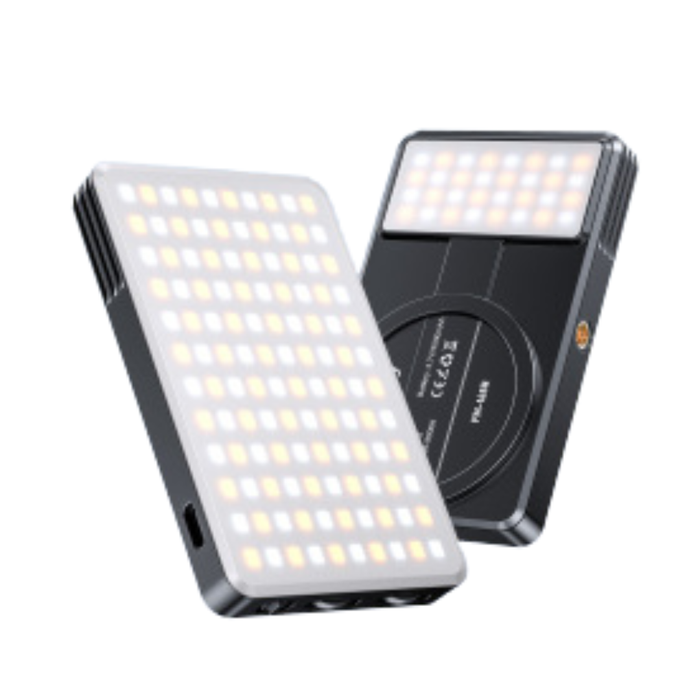 Two portable LED light panels shown on a white background, one angled to show the illuminated front grid and the other showing the black back with circular dial controls.
