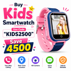 Pink and blue kids smartwatch with promotional text and icons on a white background
