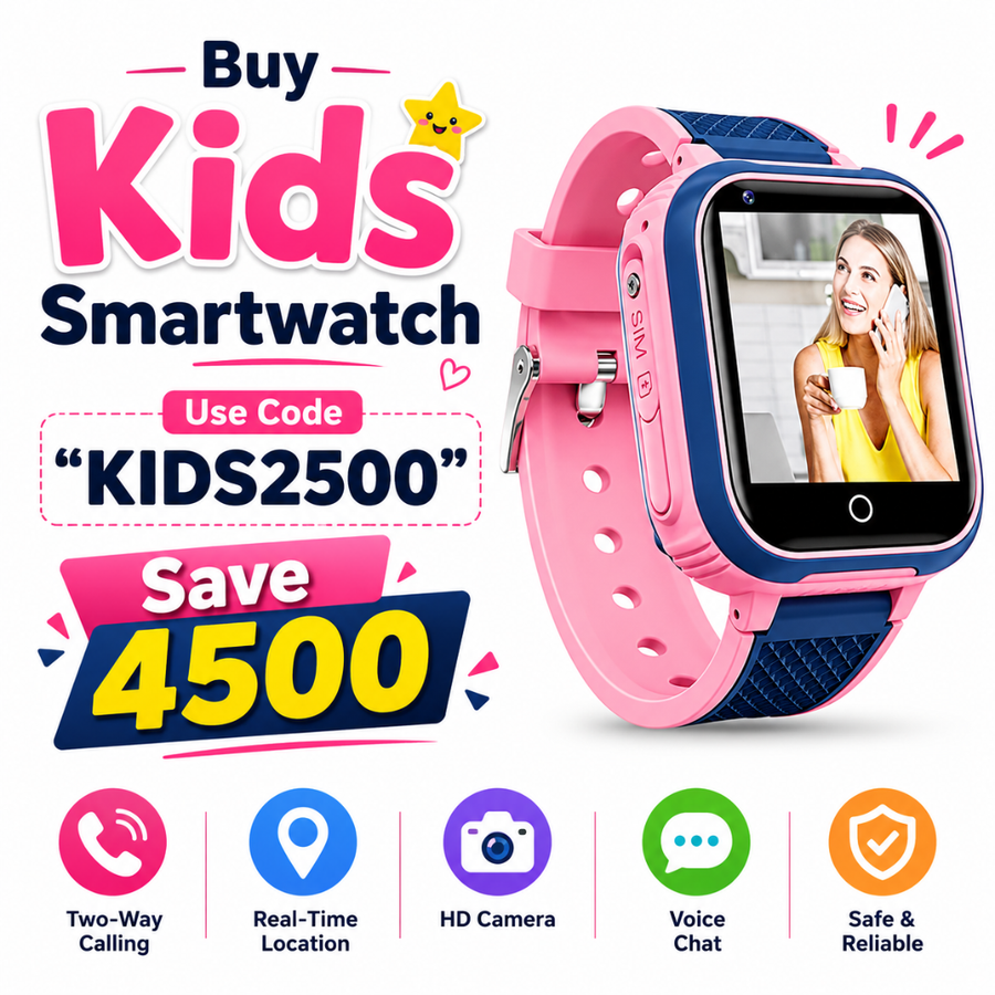 Pink and blue kids smartwatch with promotional text and icons on a white background