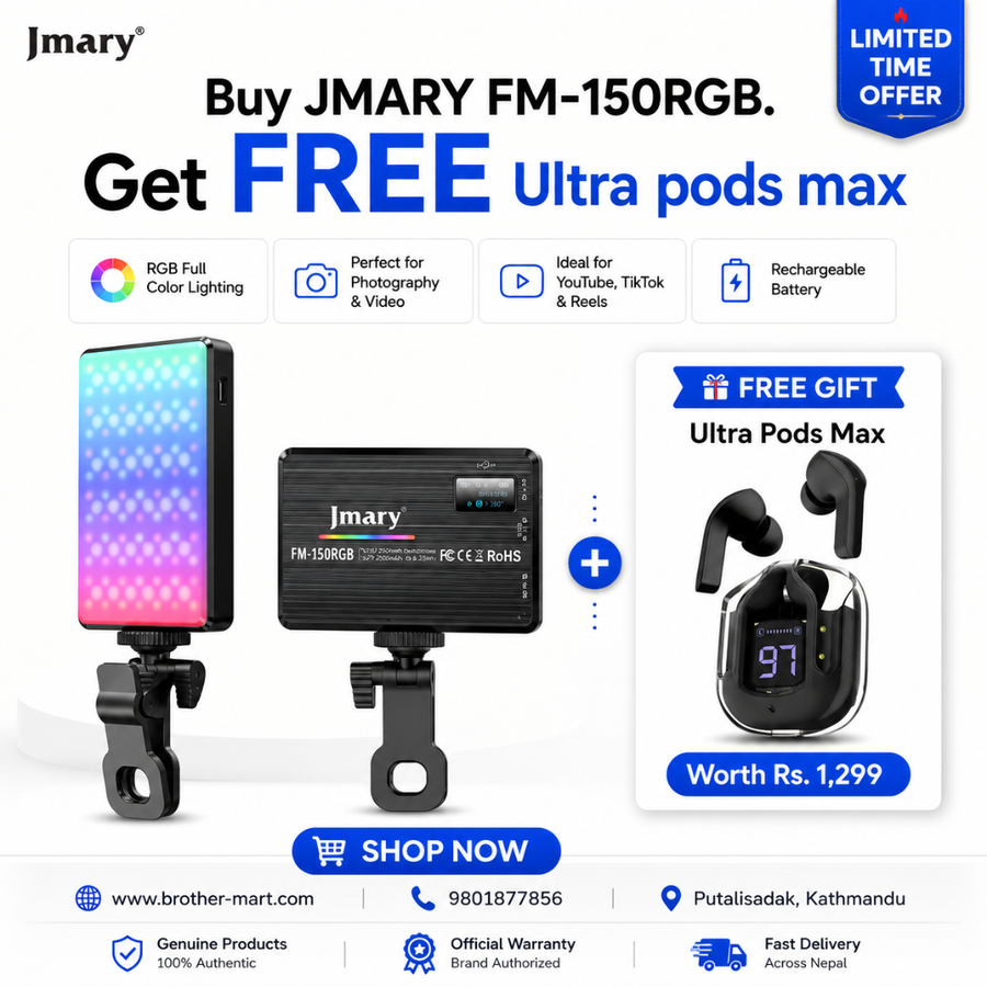 Promotional graphic for the Jmary FM-150RGB light bar bundle with a free Ultra Pods Max earbud stand. The image features the Jmary brand logo, product renderings of the light bar and its black controller, and the free earbud stand with wireless earbuds, along with promotional text and contact details.
