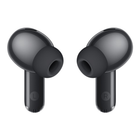 A pair of black wireless earbuds with silicone ear tips, shown from the front on a solid white background. The left earbud has an 'L' mark and the right has an 'R' mark on the stems.