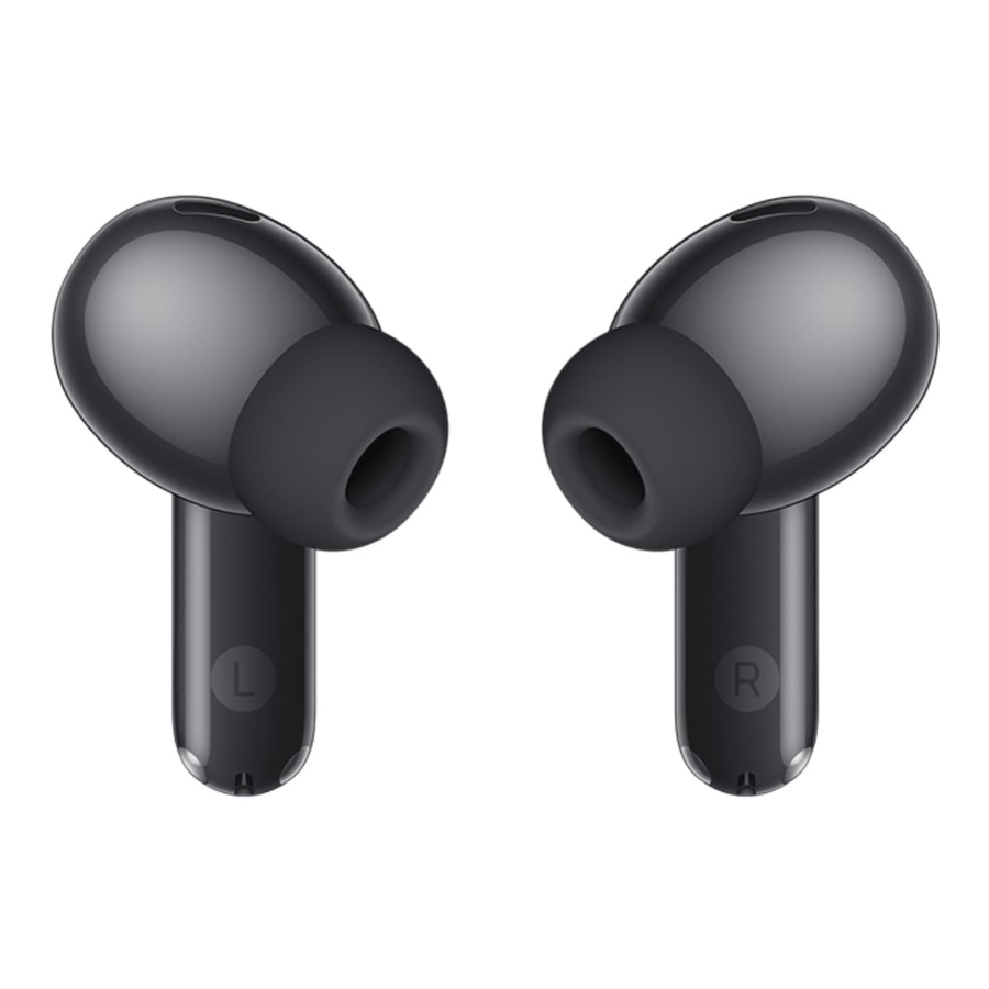 A pair of black wireless earbuds with silicone ear tips, shown from the front on a solid white background. The left earbud has an 'L' mark and the right has an 'R' mark on the stems.