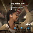 A woman wearing white wireless earbuds in a subway train, with text overlays highlighting 'Multi-mode ANC' and mode labels 'Ultra Mode', 'General Mode', and 'Cozy Mode'.