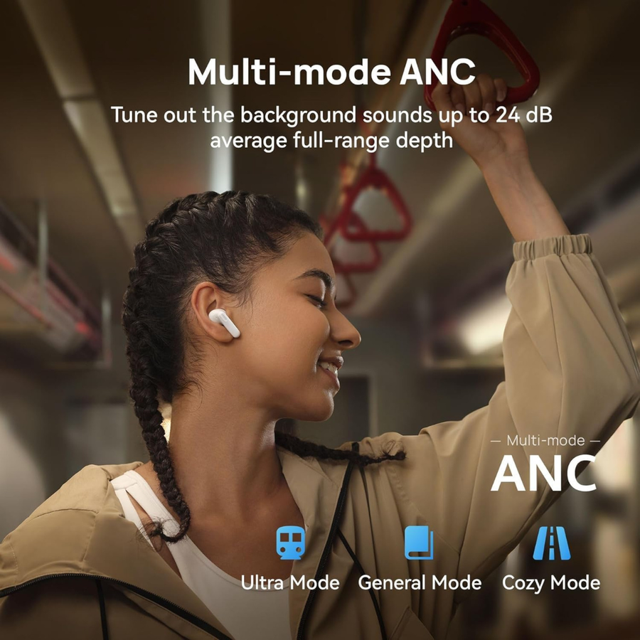 A woman wearing white wireless earbuds in a subway train, with text overlays highlighting 'Multi-mode ANC' and mode labels 'Ultra Mode', 'General Mode', and 'Cozy Mode'.