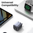 A compact dark gray USB-C wall charger shown on a white surface with a tablet, a smartwatch charging on a laptop, and large text reading 'Universal Compatibility'.