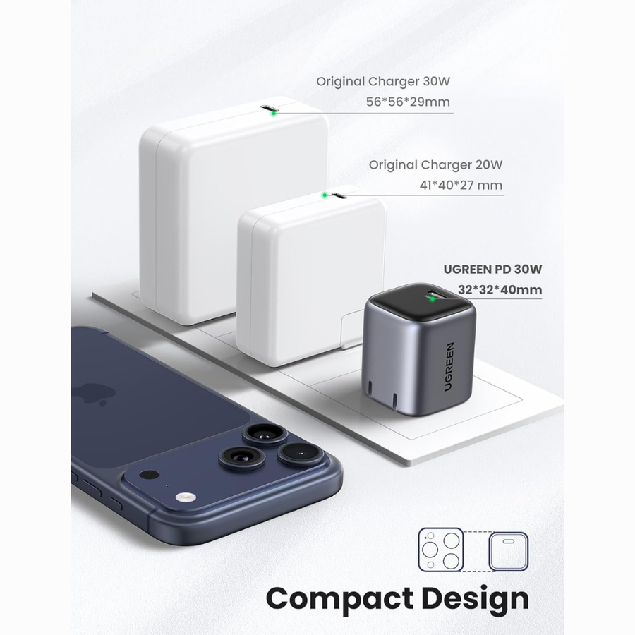 UGREEN compact wireless earbud charging case shown next to two larger original charger units on a white surface, with an iPhone partially visible and text labels indicating sizes and power ratings.
