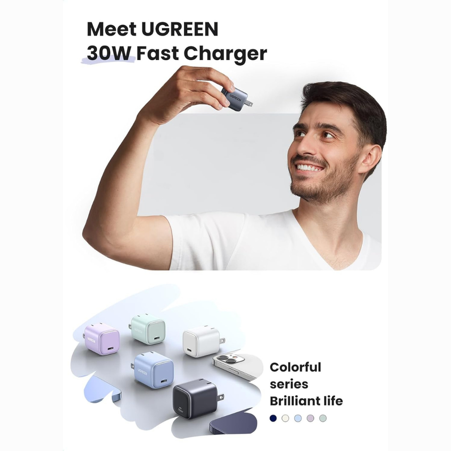 Promotional graphic for a UGREEN 30W fast charger, featuring a smiling man holding a gray USB-C charger plug against a light gray background, with several colorful charger and cable products displayed below and text reading 'Meet UGREEN 30W Fast Charger' and 'Colorful series Brilliant life'.