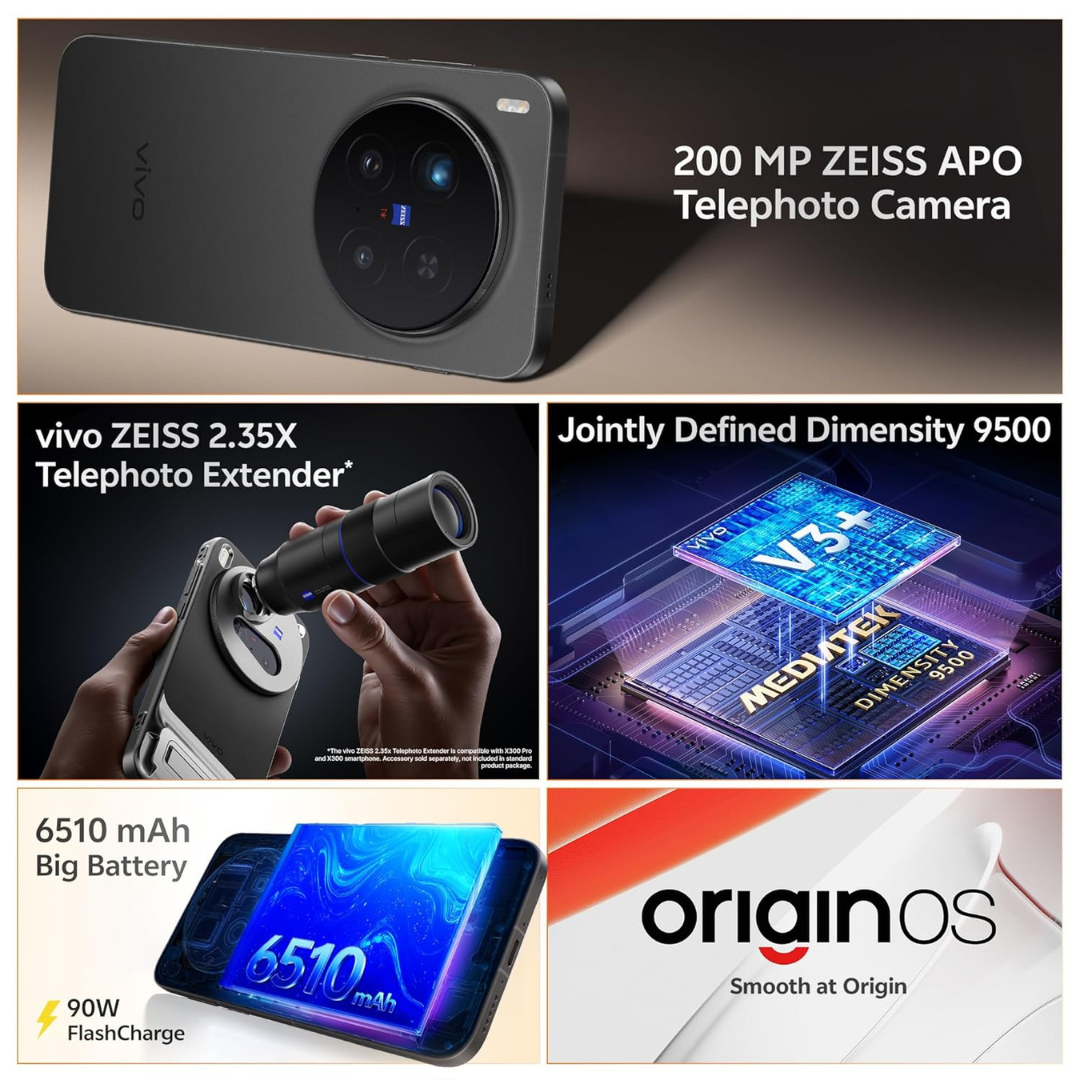 Buy Now vivo X300 Pro 5G Elite Black phone side profile image highlighting slim 7.99mm body premium flat screen and polished finish